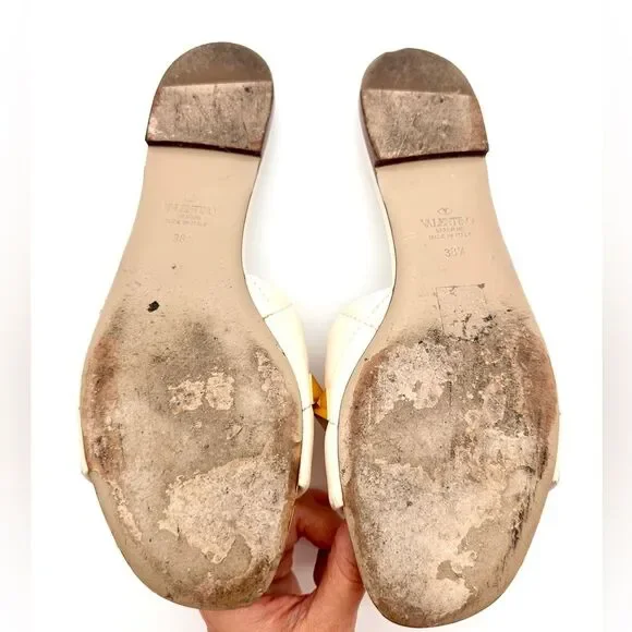 Valentino Garavani Roman Stud Flat Sandals White Leather Studded Slides EU 38.5 - Picture 11 of 13